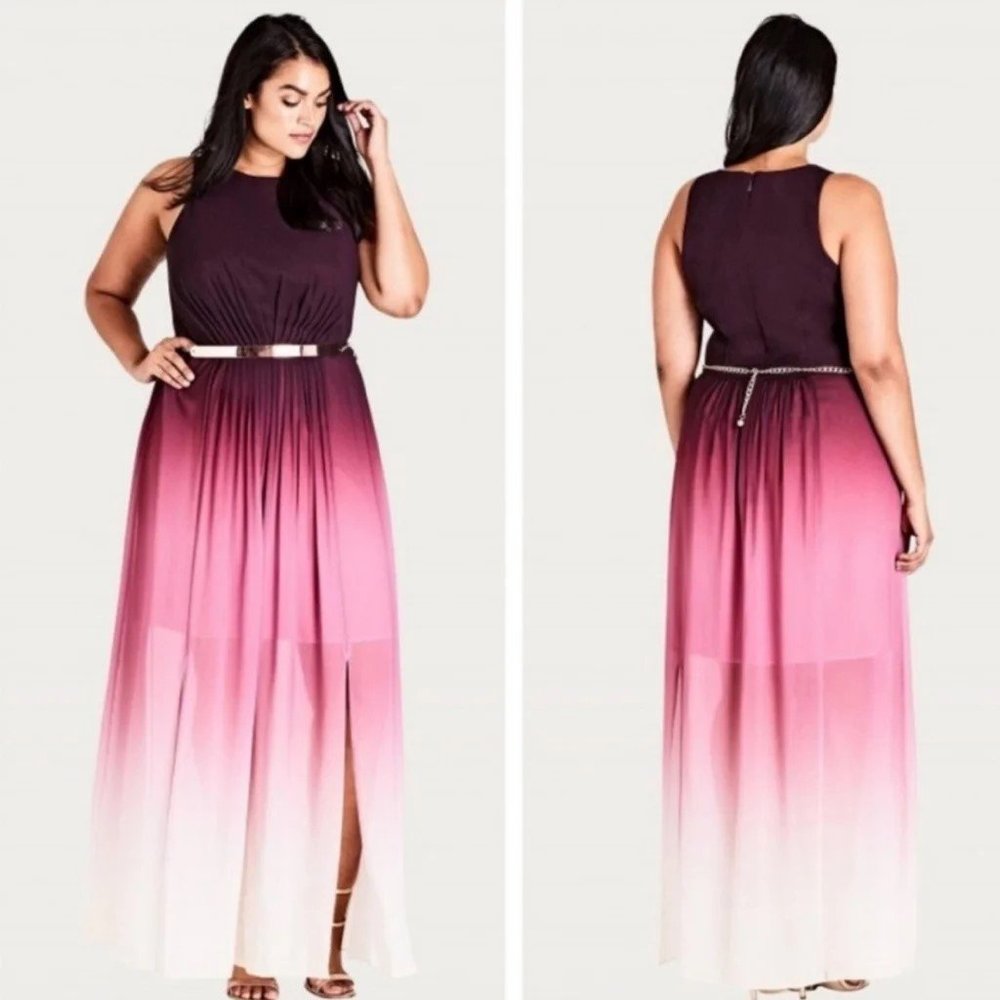 City Chic Plus Size Pink Purple Maxi Statement Ombré Dress 14 XS